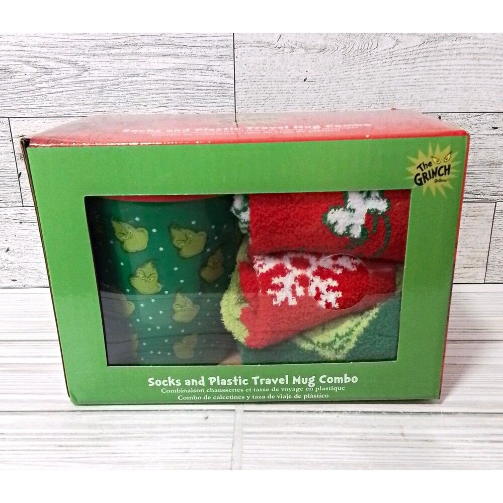 Dr. Seuss Grinch 12 oz Plastic Travel Mug + 3 Pair Crew Socks Set